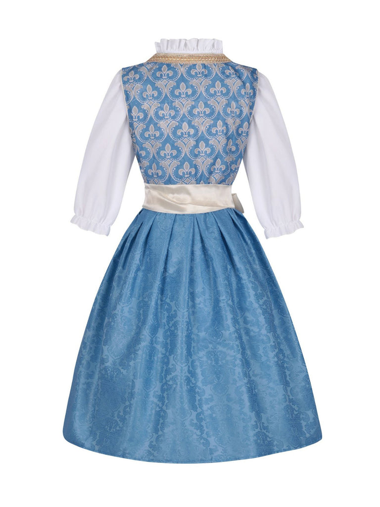 3PCS Blue 1950s Ethnic Floral Ruffled Top & Lace-Up Dress