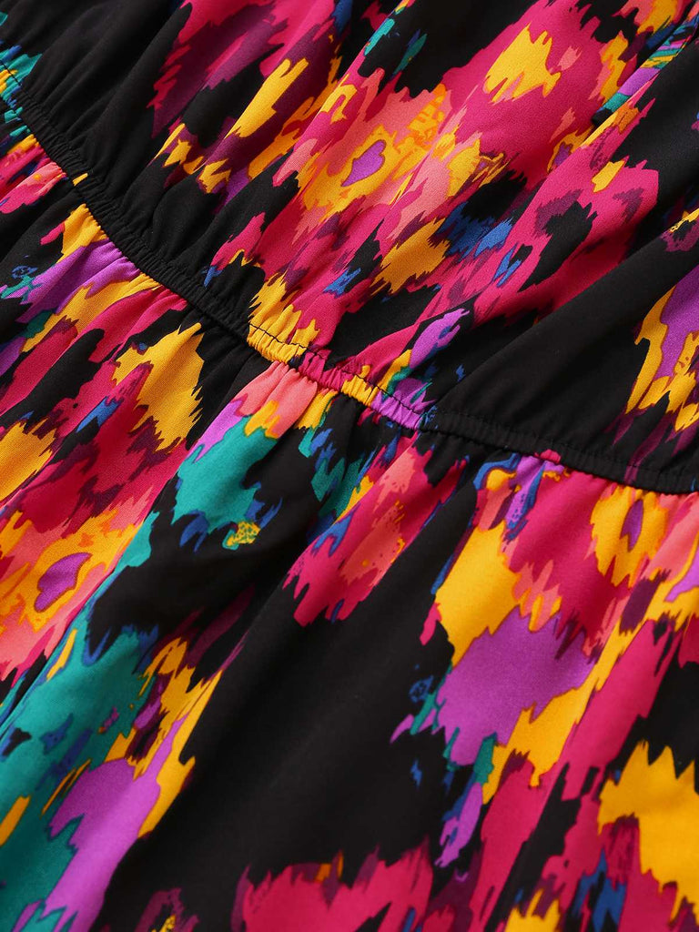 Multicolor 1960s Abstract Paints Ruffle Off-Shoulder Romper