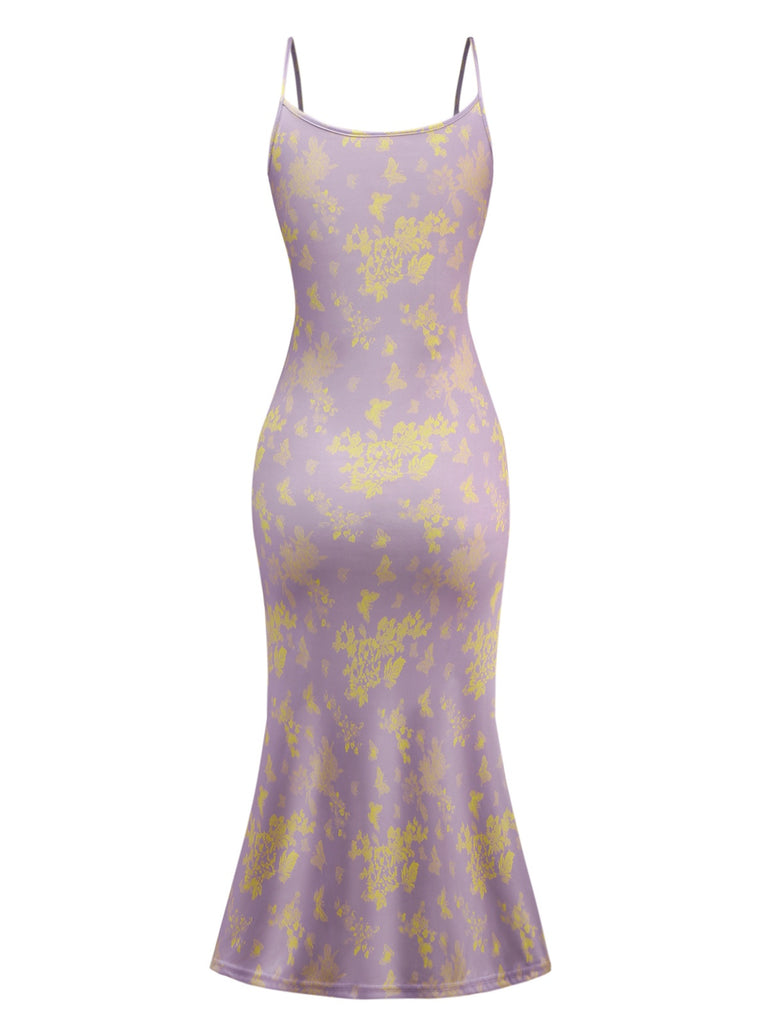 Purple 1930s Butterfly Floral Mermaid Slip Dress