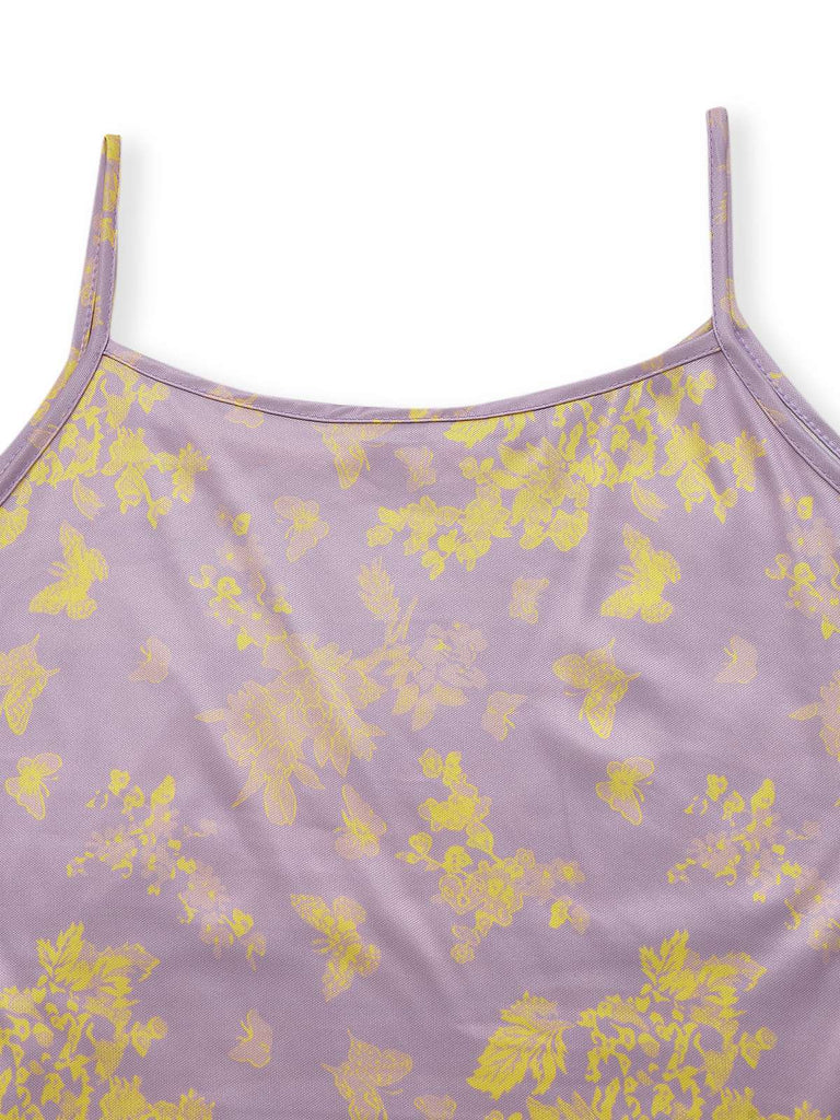 Purple 1930s Butterfly Floral Mermaid Slip Dress