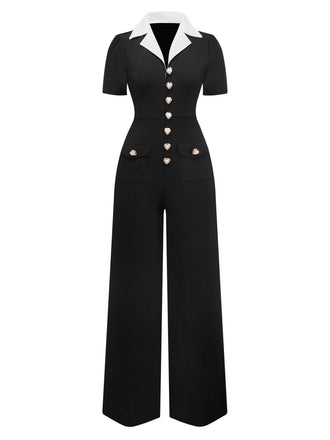 Black & White 1930s Notched Collar Buttoned Jumpsuit