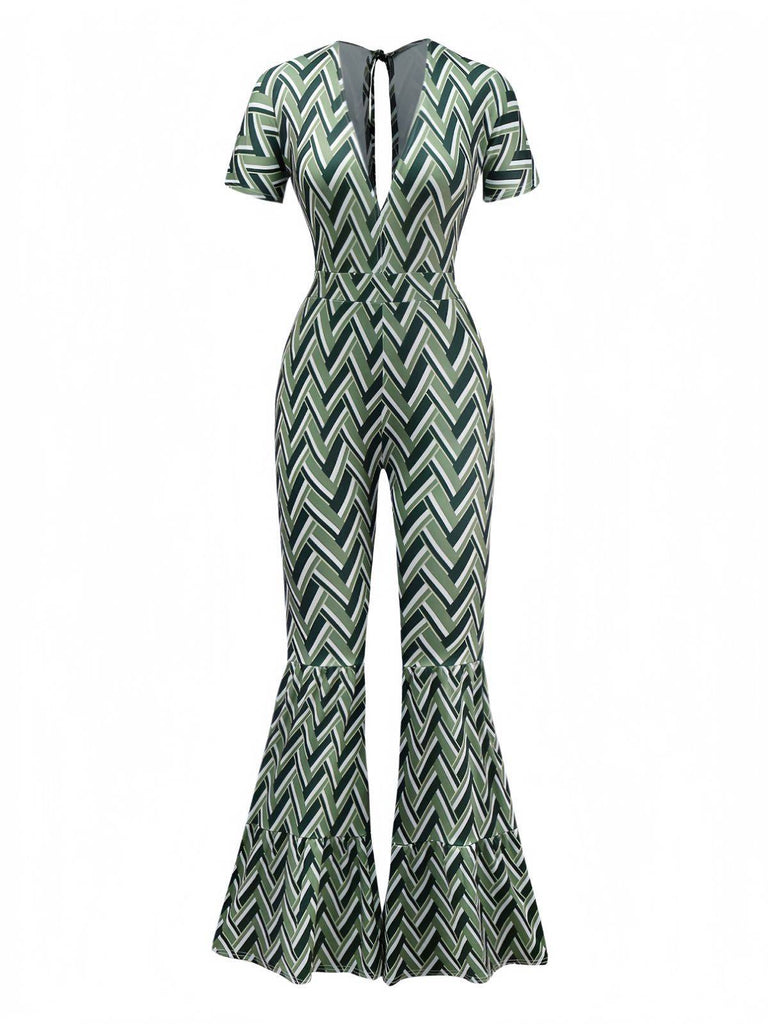 Green 1970s Boho Deep V-Neck Flare Leg Jumpsuit