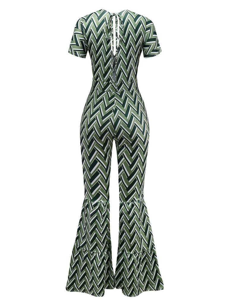 Green 1970s Boho Deep V-Neck Flare Leg Jumpsuit