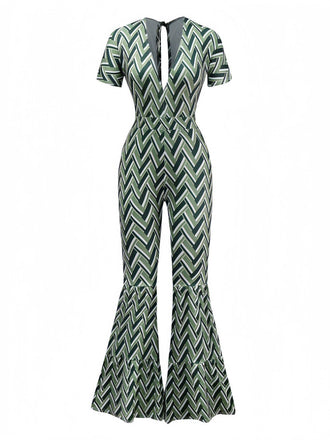 Green 1970s Boho Deep V-Neck Flare Leg Jumpsuit