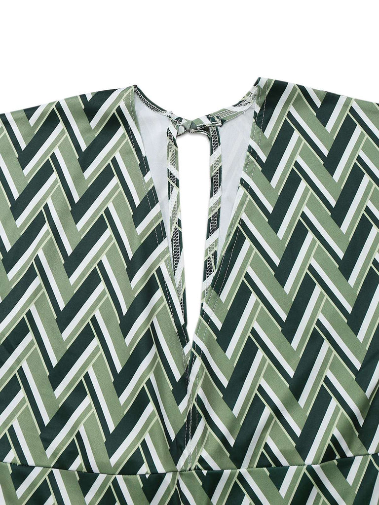 Green 1970s Boho Deep V-Neck Flare Leg Jumpsuit