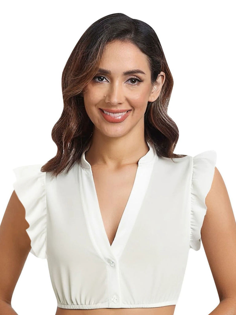 1950s Solid V-Neck Ruffled Sleeve Crop Top