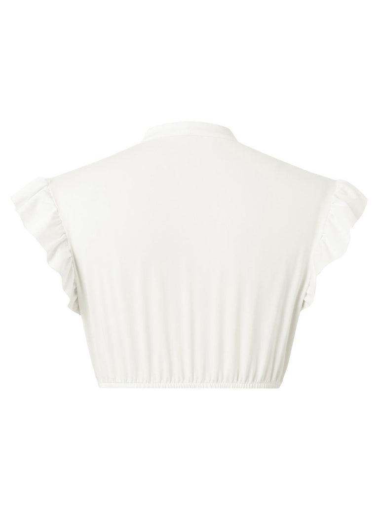 1950s Solid V-Neck Ruffled Sleeve Crop Top