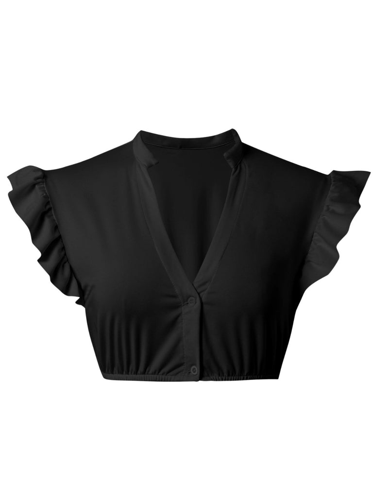 1950s Solid V-Neck Ruffled Sleeve Crop Top