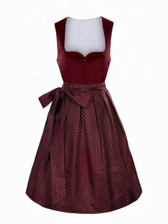 2PCS Wine Red 1950s Ethnic Floral Velvet Dress & Apron