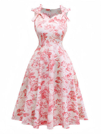 Pink 1950s Roses Sweetheart Neck Swing Dress