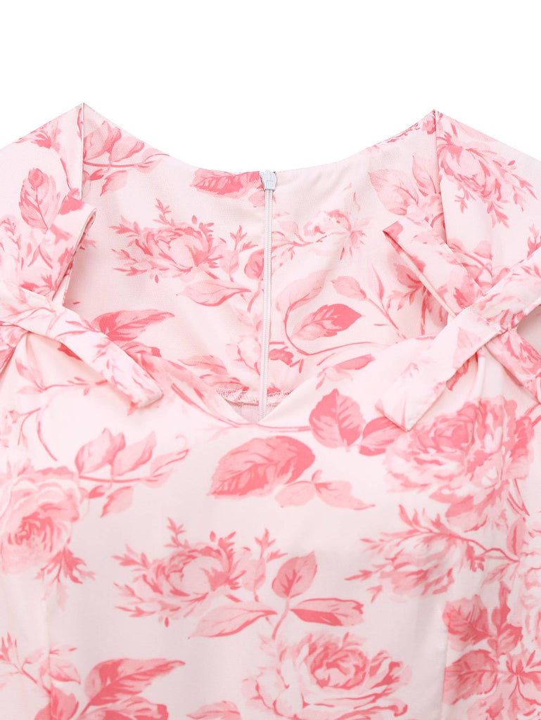 Pink 1950s Roses Sweetheart Neck Swing Dress