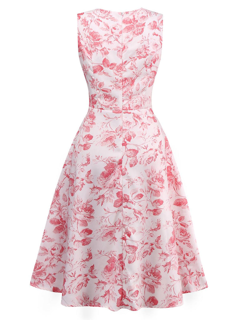 Pink 1950s Roses Sweetheart Neck Swing Dress