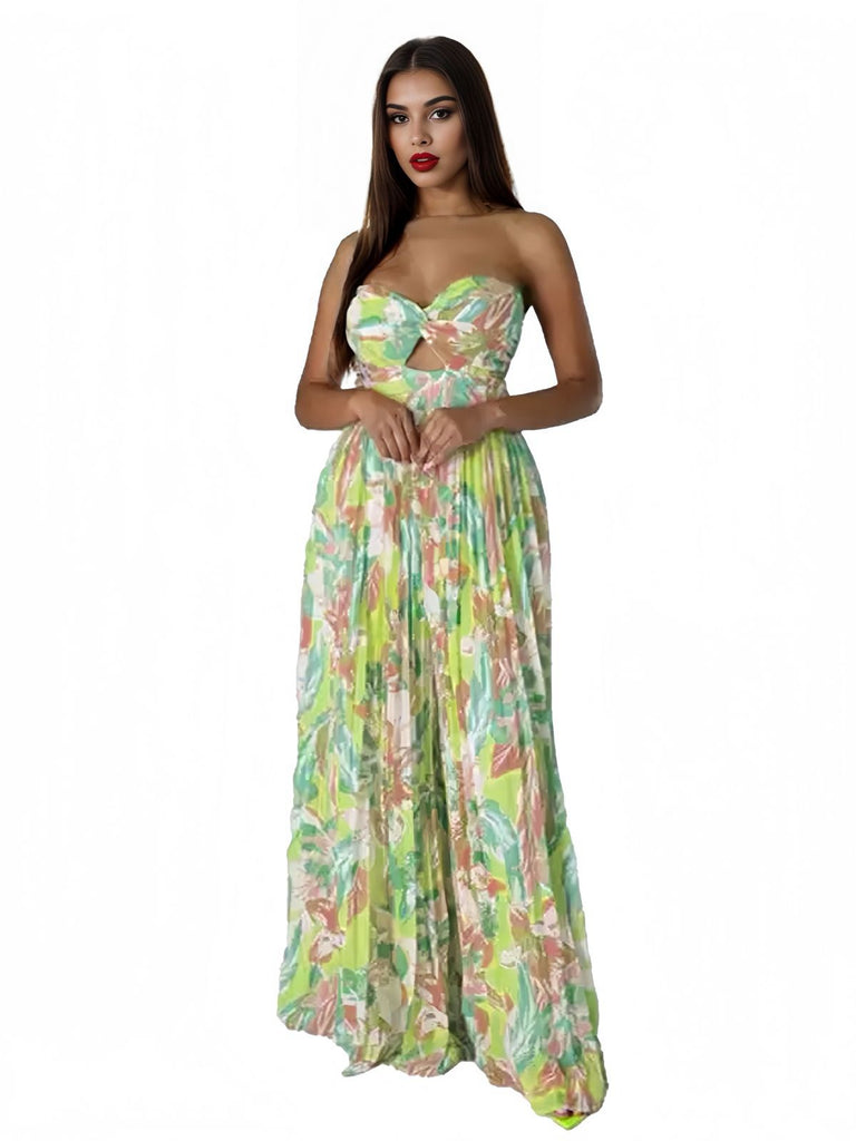 Green 1960s Floral Strapless Hollow Twist Pleated Jumpsuit