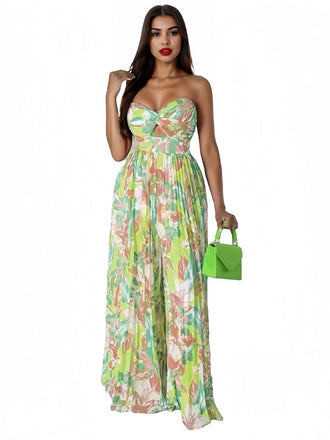 Green 1960s Floral Strapless Hollow Twist Pleated Jumpsuit