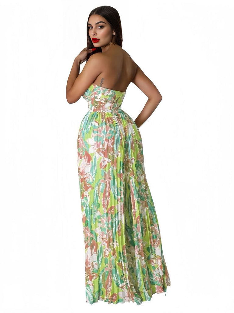 Green 1960s Floral Strapless Hollow Twist Pleated Jumpsuit