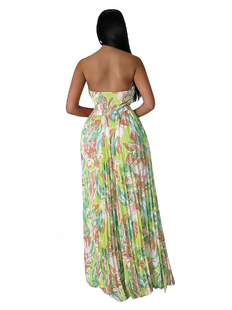 Green 1960s Floral Strapless Hollow Twist Pleated Jumpsuit