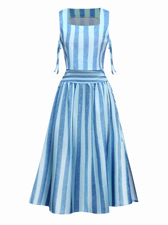 2PCS Blue 1950s Stripes Square Neck Top & Ruched Skirt