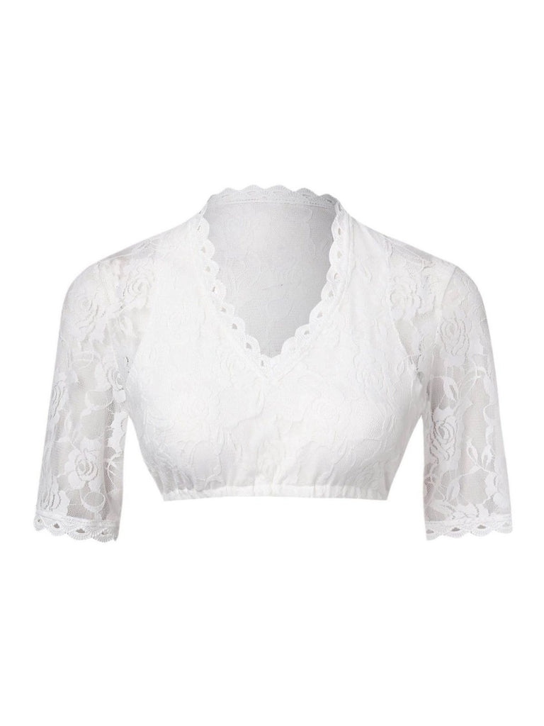 White 1950s Floral Lace V-Neck Crop Top