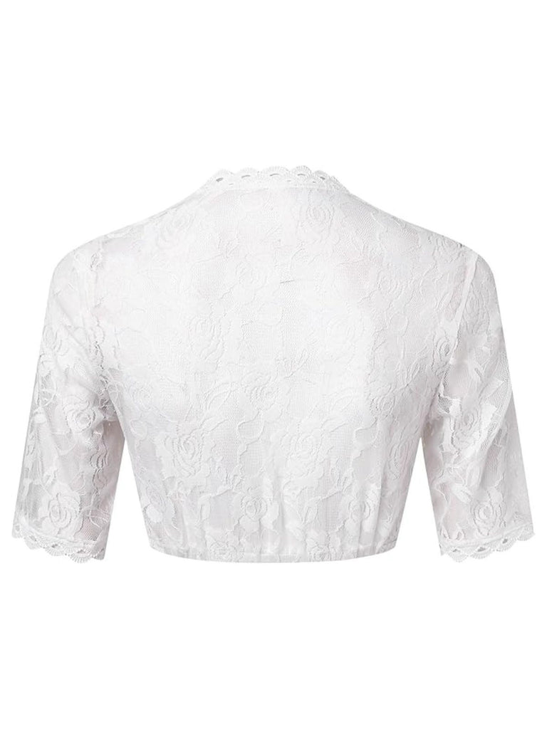White 1950s Floral Lace V-Neck Crop Top