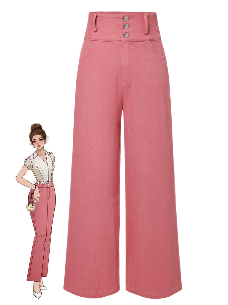 [Pre-Sale] Pink 1950s Cotton Rose Button Pants