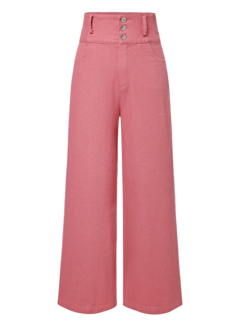 [Pre-Sale] Pink 1950s Cotton Rose Button Pants