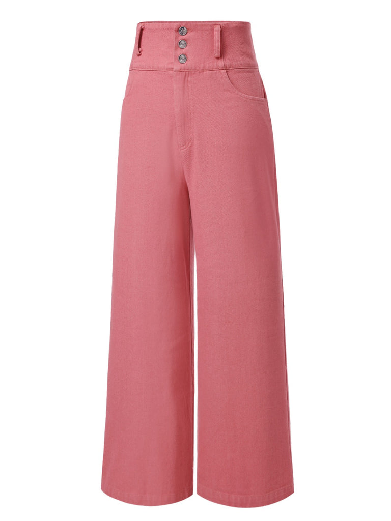 [Pre-Sale] Pink 1950s Cotton Rose Button Pants