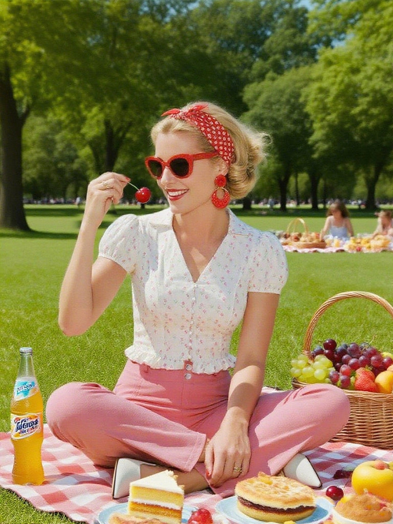 [Pre-Sale] 2PCS Pink 1950s Tulip Blouse & Rose Button Pants