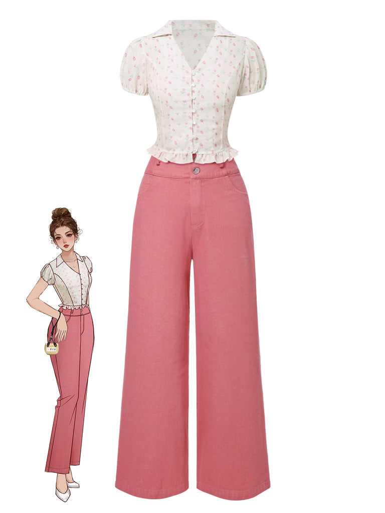[Pre-Sale] 2PCS Pink 1950s Tulip Blouse & Rose Button Pants