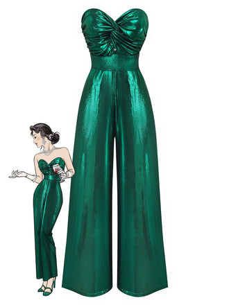 Green 1970s Knotted Cut-Out Glossy Jumpsuit