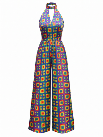 [Pre-Sale] Purple 1960s Mandarin Collar Geometric Hippie Jumpsuit