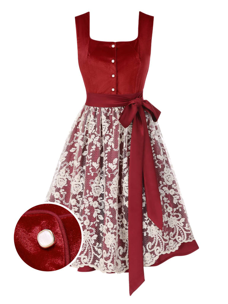 [Pre-Sale] 2PCS Red 1950s Velvet Dress & Floral Lace Apron