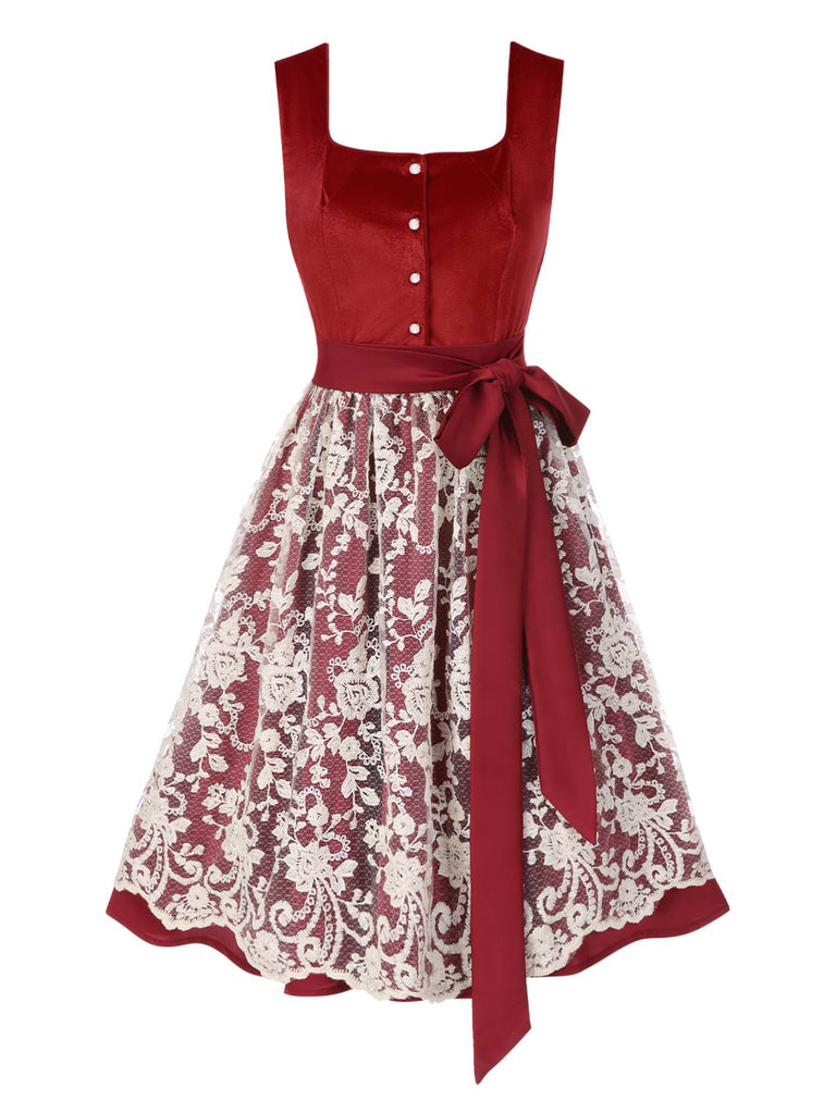 [Pre-Sale] 3PCS Red 1950s Floral Lace Velvet Dress & White Top