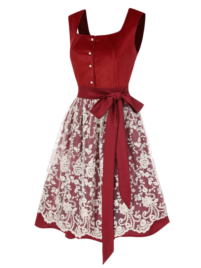 [Pre-Sale] 3PCS Red 1950s Floral Lace Velvet Dress & White Top