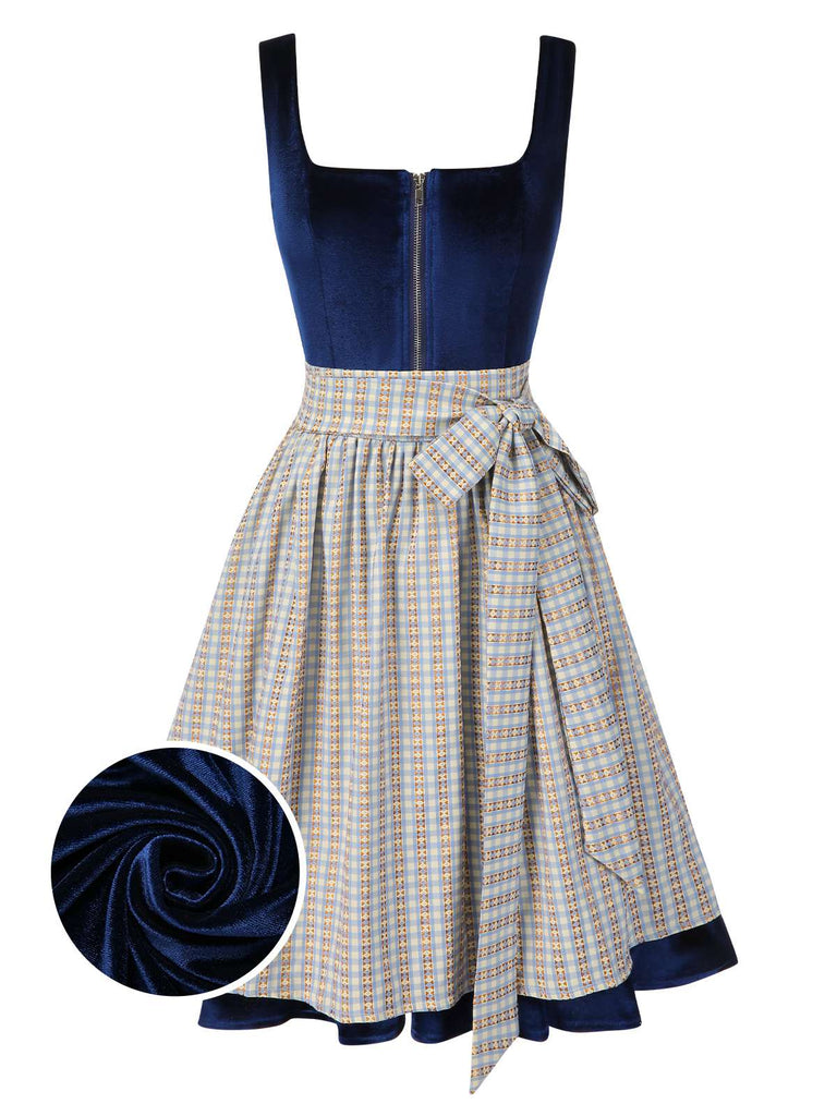 [Pre-Sale] Blue 1950s Square Neck Velvet Dress & Plaid Apron