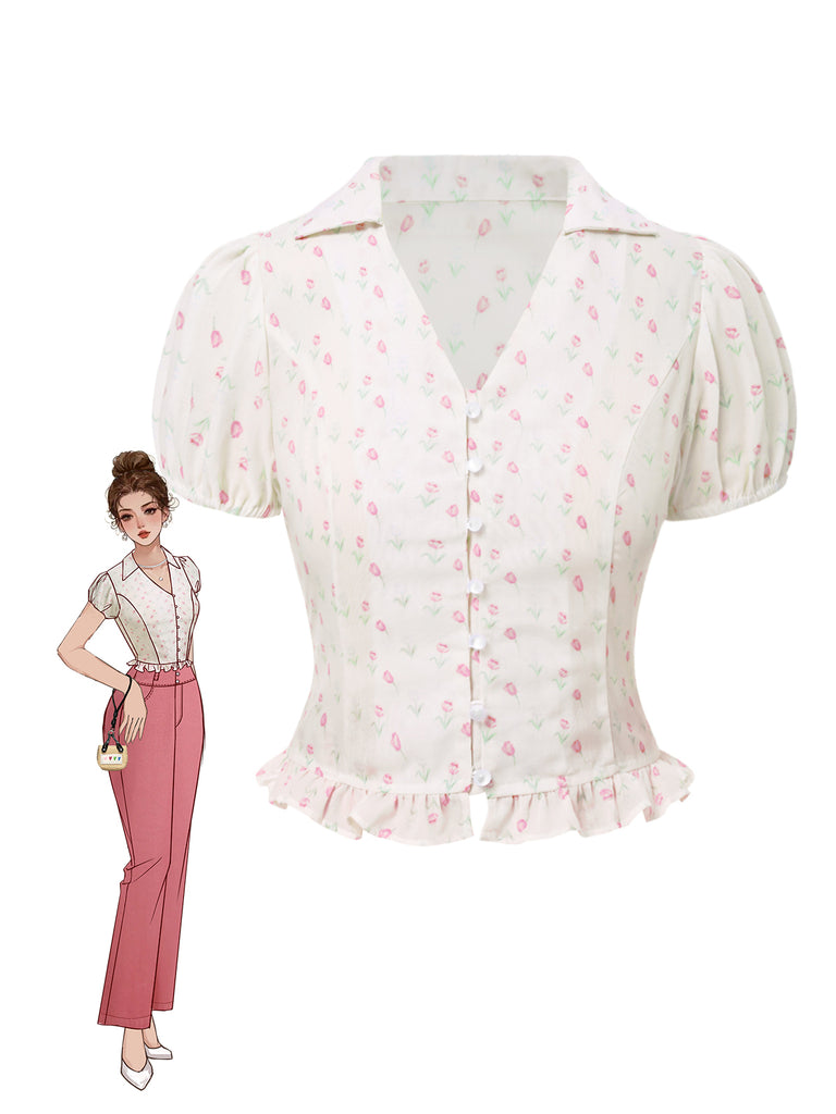 [Pre-Sale] Pink 1940s Tulip V-Neck Lapel Ruffled Blouse