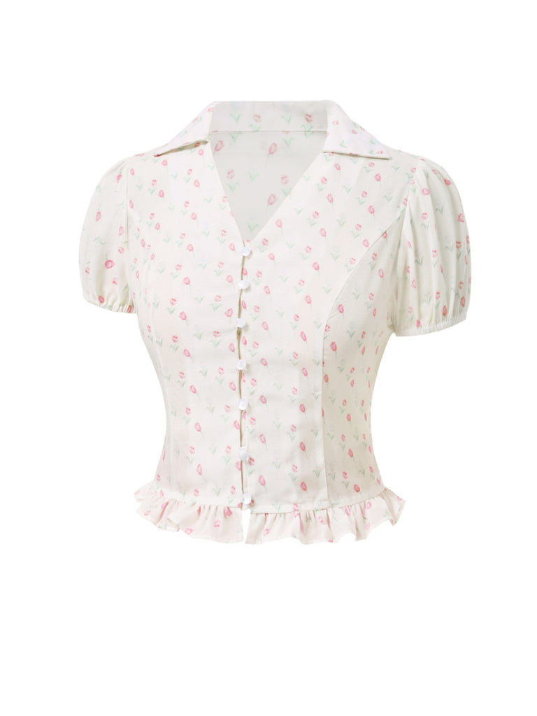 [Pre-Sale] Pink 1940s Tulip V-Neck Lapel Ruffled Blouse