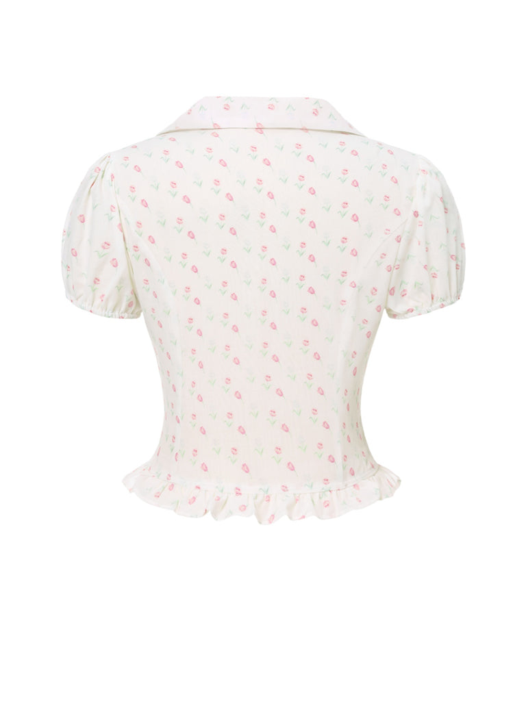 [Pre-Sale] Pink 1940s Tulip V-Neck Lapel Ruffled Blouse