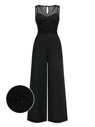 Black 1930s Mesh Pleated Patchwork Jumpsuit