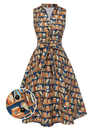 1950s Owl Bookshelf Print Stand Collar Dress