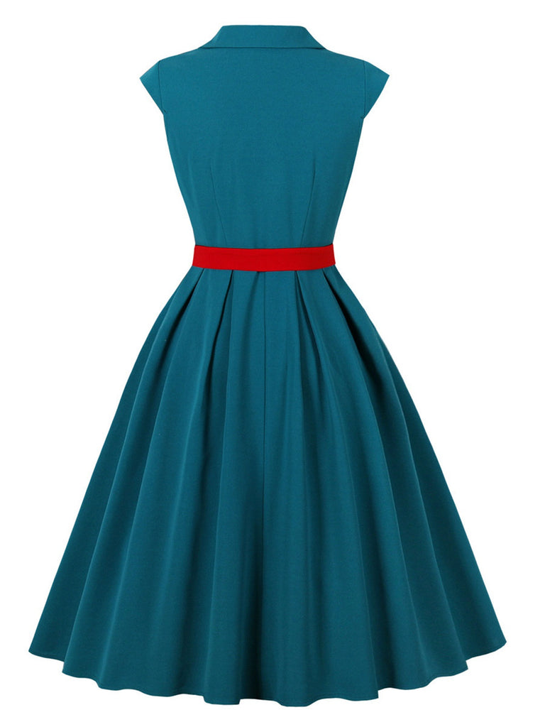 Blue 1950s Button Cap Sleeve Lapel Belted Dress