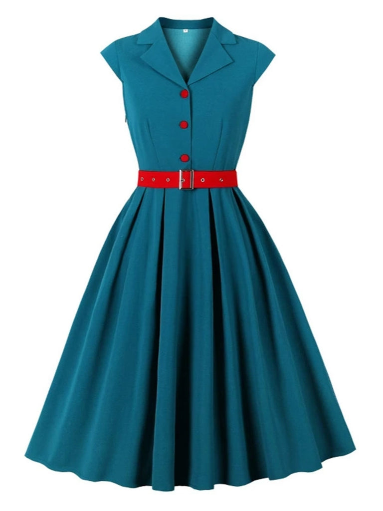 Blue 1950s Button Cap Sleeve Lapel Belted Dress