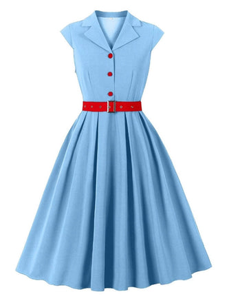 Blue 1950s Button Cap Sleeve Lapel Belted Dress