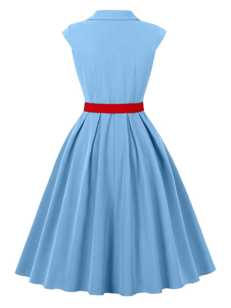 Blue 1950s Button Cap Sleeve Lapel Belted Dress