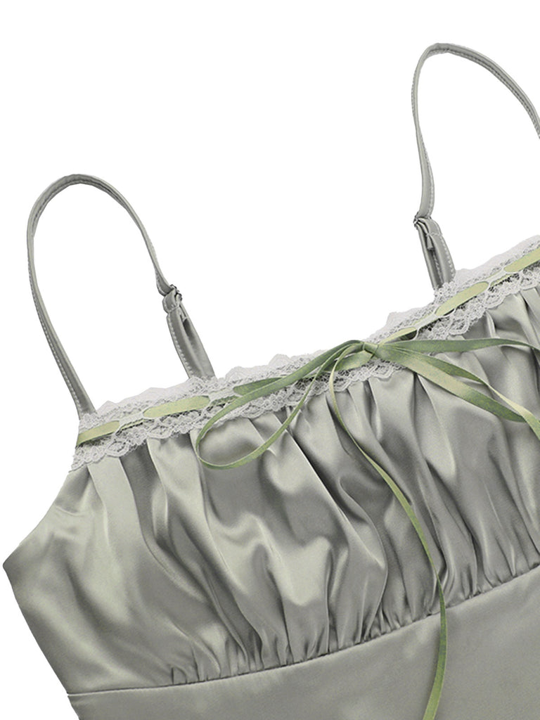 Green 1970s Satin Ruched Bust Slip Cami Top