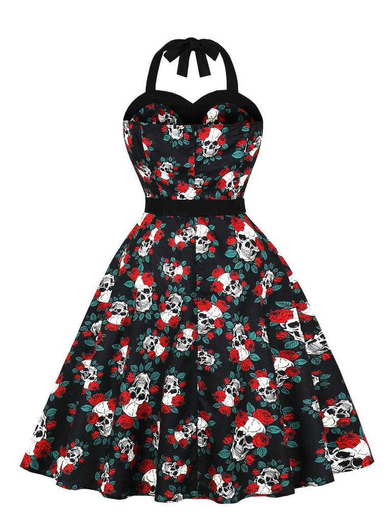 Black 1950s Halloween Skull Roses Halter Dress