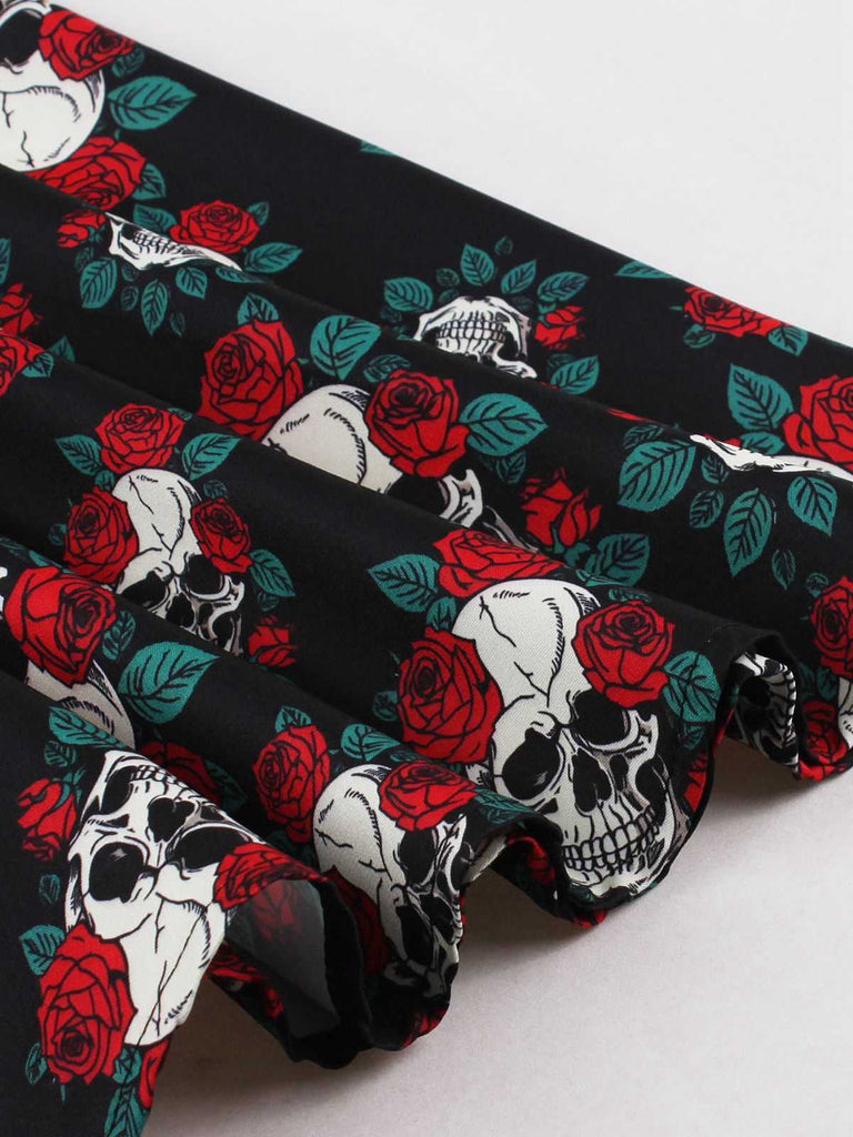 Black 1950s Halloween Skull Roses Halter Dress