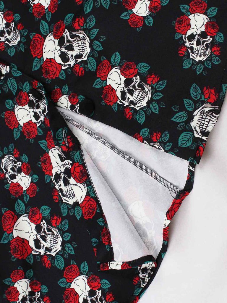 Black 1950s Halloween Skull Roses Halter Dress