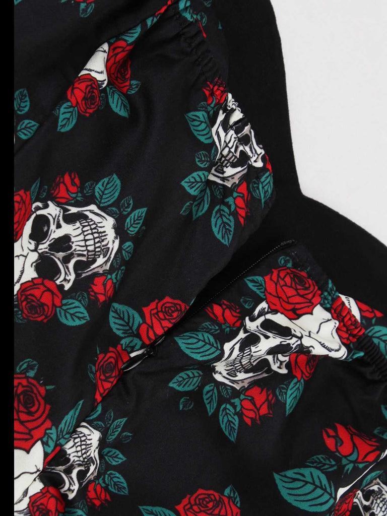 Black 1950s Halloween Skull Roses Halter Dress