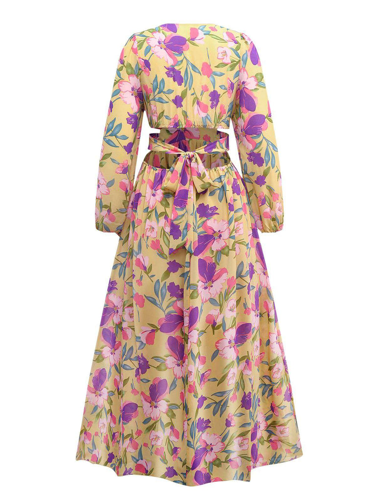 Yellow 1930s Floral Ruffled Deep V-Neck Cutout Dress