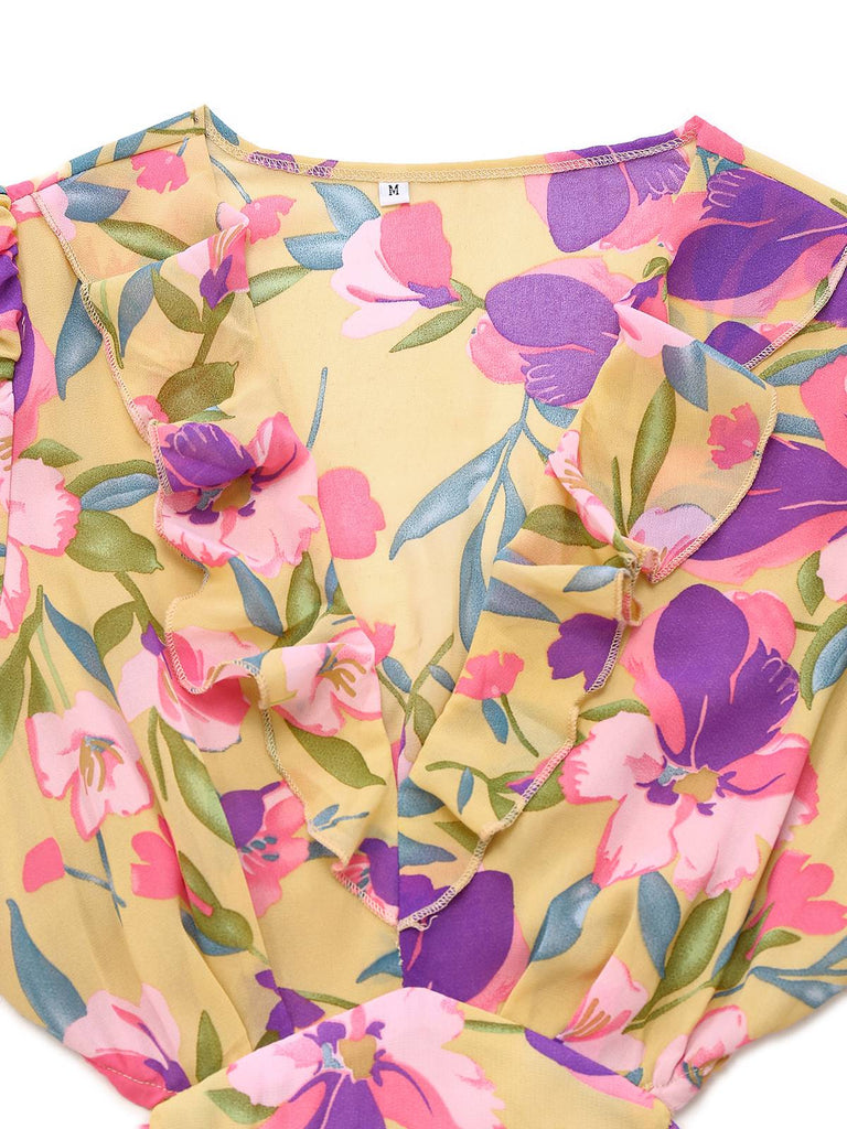 Yellow 1930s Floral Ruffled Deep V-Neck Cutout Dress